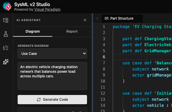 A screenshot of the SysML v2 Studio AI Assistant panel. A user has entered a prompt describing an electric vehicle charging station network, and the 'Generate Code' button is highlighted. On the right, the editor displays the corresponding SysML v2 code generated by the AI, including part and use case definitions.