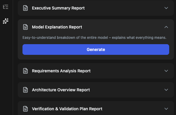 A screenshot of the SysML v2 Studio reporting interface featuring a menu of AI-generated document options. The list includes Executive Summary, Model Explanation, Requirements Analysis, Architecture Overview, and Verification & Validation Plan reports, demonstrating how complex engineering data is transformed into actionable intelligence.