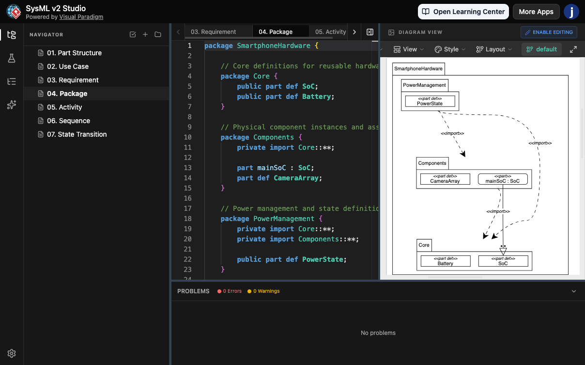 A full-screen view of the SysML v2 Studio workspace. The left pane shows a project navigator with various diagram types, the center contains a syntax-highlighted code editor with a smartphone hardware model, and the right pane displays an automatically generated block definition diagram in perfect sync with the code.