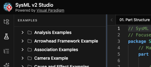 A close-up of the SysML v2 Studio sidebar showing a organized library of professional examples. The menu features categories like 'Analysis Examples,' 'Arrowhead Framework,' and 'Camera Example,' demonstrating a massive collection of pre-built models that users can open and explore instantly.