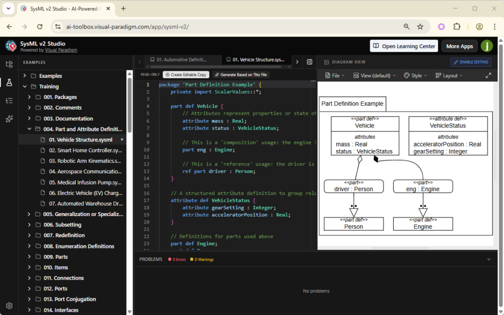Sysml V2 Examples Welcome to SysML v2 Studio | The AI-Powered SysML v2 IDE